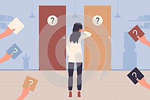 Woman standing near doors to choose right or left entrance, hands holding question marks