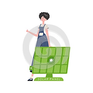 A woman is standing near a solar panel. Eco energy concept. Isolated. trendy style. Vector illustration.