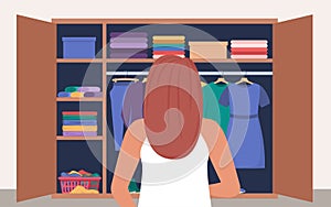 Woman standing near wardrobe to choose stylish outfit. Girl choosing clothes. Vector illustration