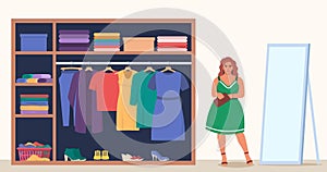 Woman standing near wardrobe to choose stylish outfit. Girl tries on clothes at home in front of a mirror. Girl choosing clothes.