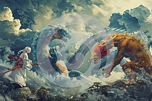 A woman standing next to a dragon on a mountain peak, A fantastical scene imagining mythical creatures engaging in Ju Jitsu