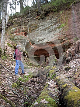 A woman standing next to a snag