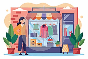 A woman is standing outside a fashion shop, looking at the displayed items, Fashion shop Customizable Flat Illustration
