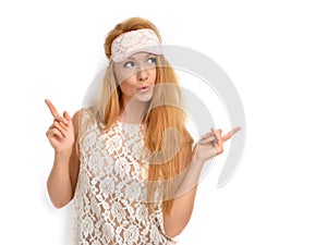 Woman standing and point fingers in underwear and sleeping eye c