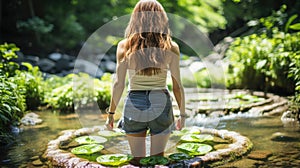 A woman standing in a river with frisbees in her hands. Generative AI image.