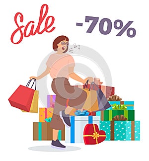 Woman is standing with shopping bags and singing. Big present boxes. Holliday sale concept photo