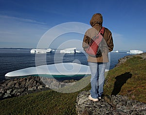 Woman Standing on Shore by Icebergs