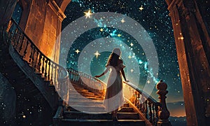 A woman is standing on a staircase in a dark room, looking up at the stars.