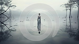 Woman standing in stillness in the middle of a misty lake