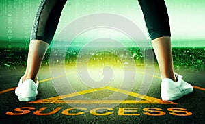 Woman standing on Success arrow road sign to a green computer coding AI city background for Technology success pathway concept