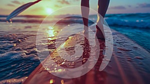 A woman is standing on a surfboard in the ocean