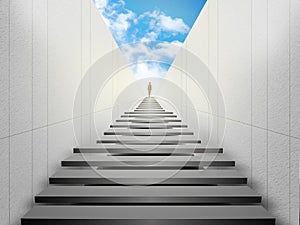 Woman standing on top of stairs and looking forward. Way to success