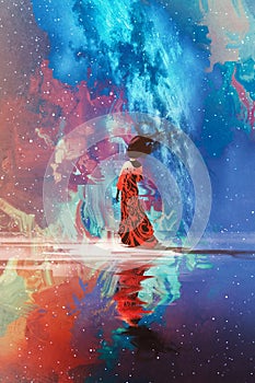 Woman standing on water against Universe filled