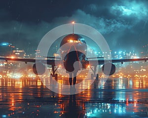 Woman standing on wet runway and looking to the commercial airplane at night.