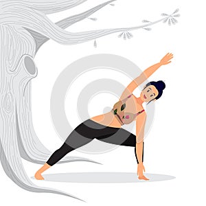 woman standing in the yoga pose of the Revolved crescent lung with arms extended, practicing yoga asana