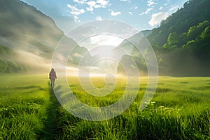 A woman stands amidst a misty field at sunrise, evoking a sense of adventure and tranquility in the golden morning light