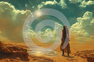 A woman stands in the desert, gazing up at the sky, possibly searching for signs of water in the arid landscape