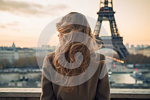 A woman stands in front of the iconic Eiffel Tower in Paris, France, enjoying the beautiful view, Young woman\'s rear view