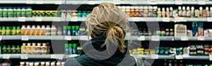 A woman stands in front of a store filled with various drinks and beverages, possibly deciding on a purchase