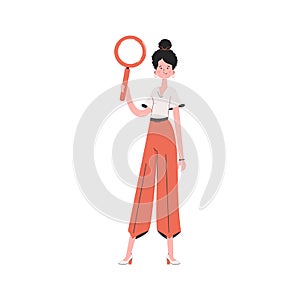 A woman stands in full growth and holds a magnifying glass in her hands. Isolated. Element for presentations, sites