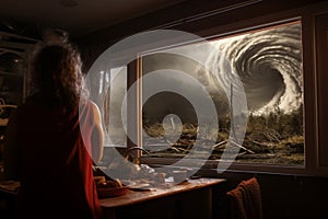 woman stands in the kitchen and watches a tornado destroy everything around her