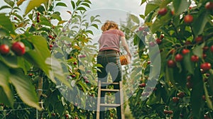A woman stands on a ladder reaching towards the top of a tall cherry tree. back is to the camera as carefully picks ripe