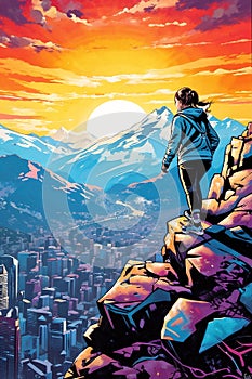 A woman stands on a mountain top, looking out at a city below. Comic style illustration