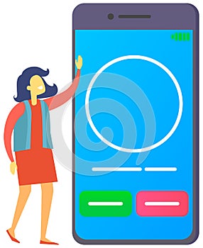 Woman stands near big smartphone with incoming call on display. Communication connect concept