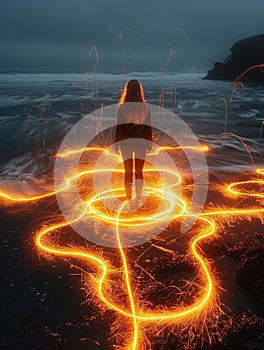 A woman stands by the sea. Steel wool circle drawing fireworks. Generative AI.