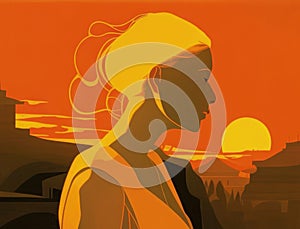 A woman stands silhouetted against the setting sun her posture conveying a sense of relief and contentment. Art concept