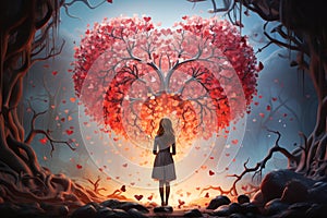 Woman stands under a tree with hearts, love and emotion concept, valentineÂ´s day, positive mind, good hearted person