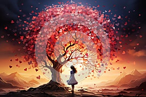 Woman stands under a tree with red hearts, love and emotion concept, valentineÂ´s day, positive mind, good hearted person