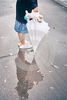 Woman stands under an umbrella in the rain. in puddles reflection. young yawner is holding a stuffed toy