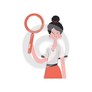 A woman stands waist-deep and holds a magnifying glass in her hands. Isolated. Element for presentations, sites.