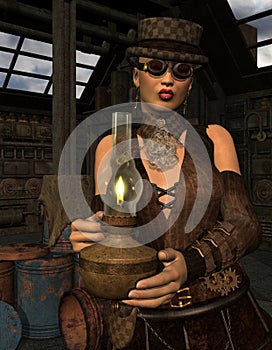 Woman in steampunk look with lamp