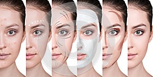 Woman step by step improves her skin condition.