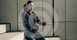 Woman on steps for exercise, warm up and jump, muscle workout and city morning body training. Urban fitness, power and