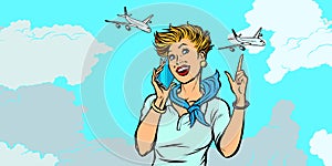 Woman stewardess with phone, sky and planes