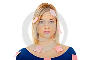 Woman with sticky notes.