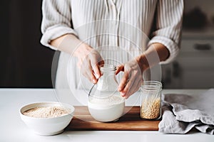 woman stirring almond milk into her oatmeal breakfast bowl