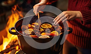 Woman Stirring Pot of Food Over Fire