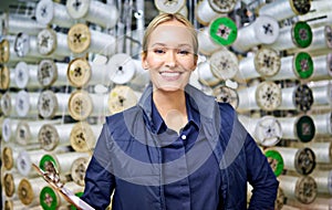 Woman, stock and product manufacturing with distribution, industry and portrait for storage. Industrial inspector
