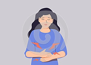 Woman Stomach Ache. Hand drawn style vector design illustrations. Diarrhea or constipation, problems with health concept