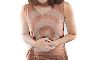 Woman stomachache on white background