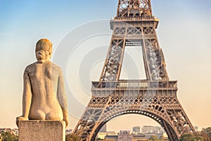 Woman stone statue in the Trocadero garden, Eiffel tower, Paris France