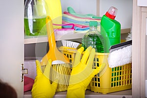 Woman storing cleaning tools in pantry photo