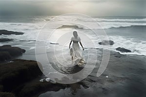 woman storm ocean sky nature sea summer beach water cloud dress. Generative AI.