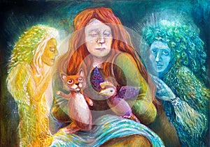 A woman story teller with puppets and protective spirits, fantasy imagination detailed colorful painting.