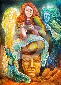 A woman story teller with puppets and protective spirits, fantasy imagination detailed colorful painting.