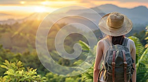 Woman in straw hat, backpack, admires sunset over mountains, summer solo travel concept